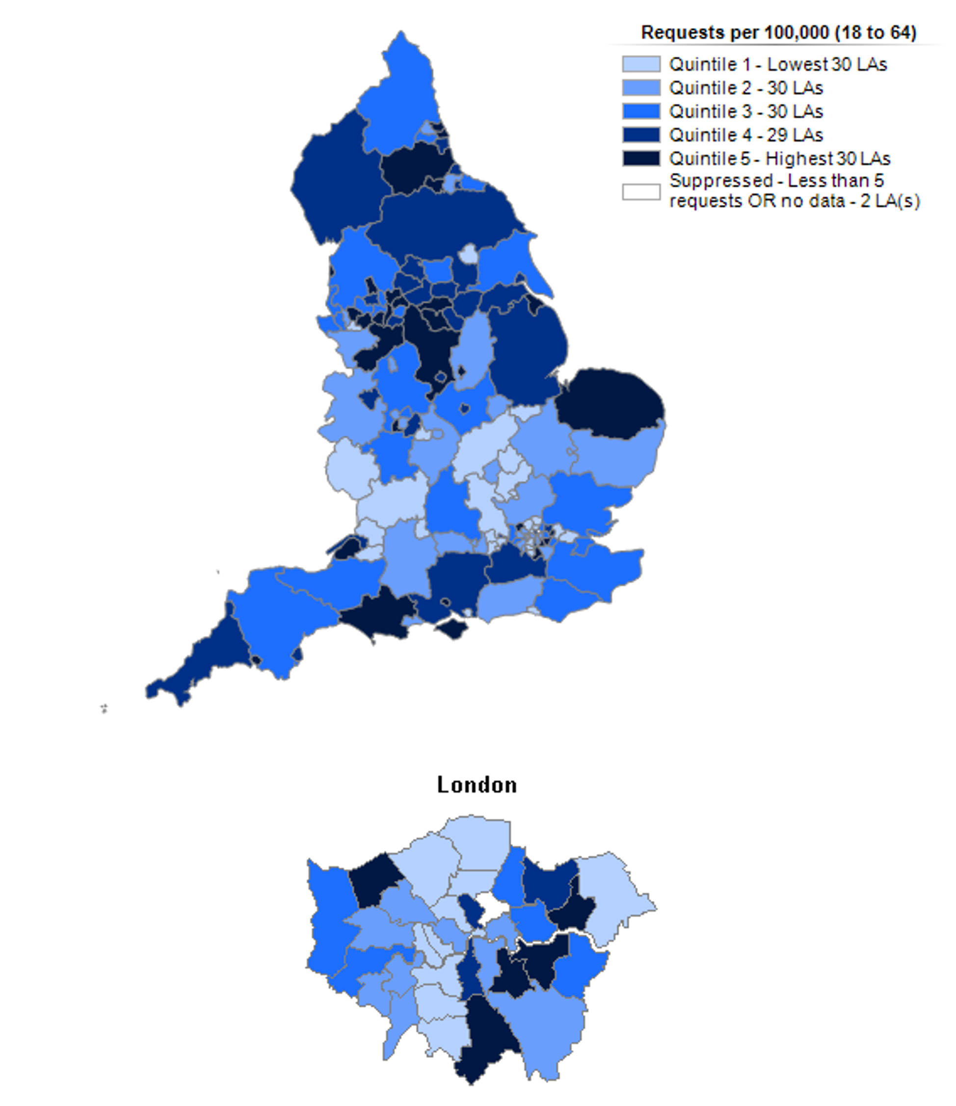 Map showing the number of requests for support per 100,000 adults, by local authority for clients aged 18-64