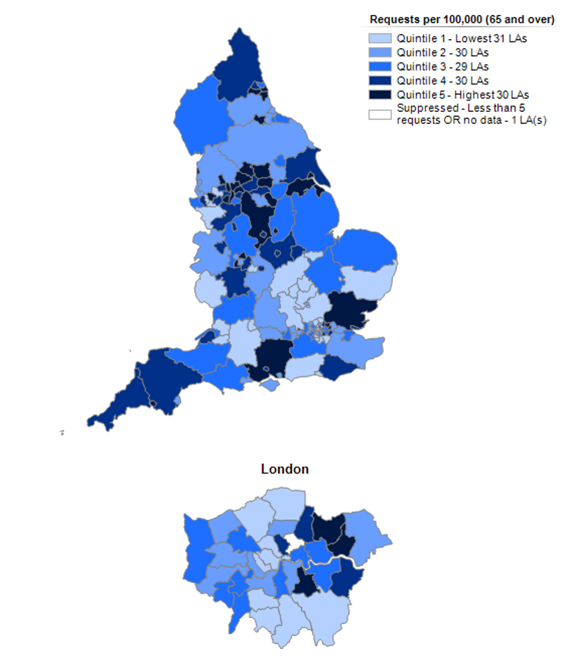 Map showing the number of requests for support per 100,000 adults, by local authority for clients aged 65 and over