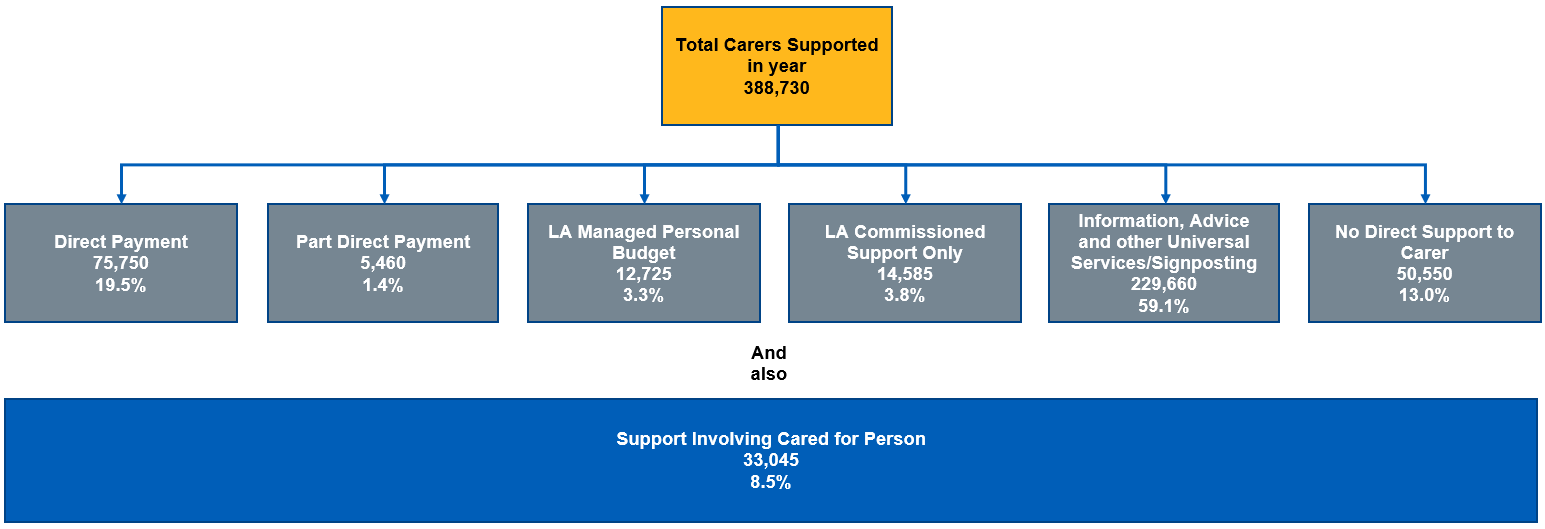Flow chart showing support provided to carers in the year by type of support provided