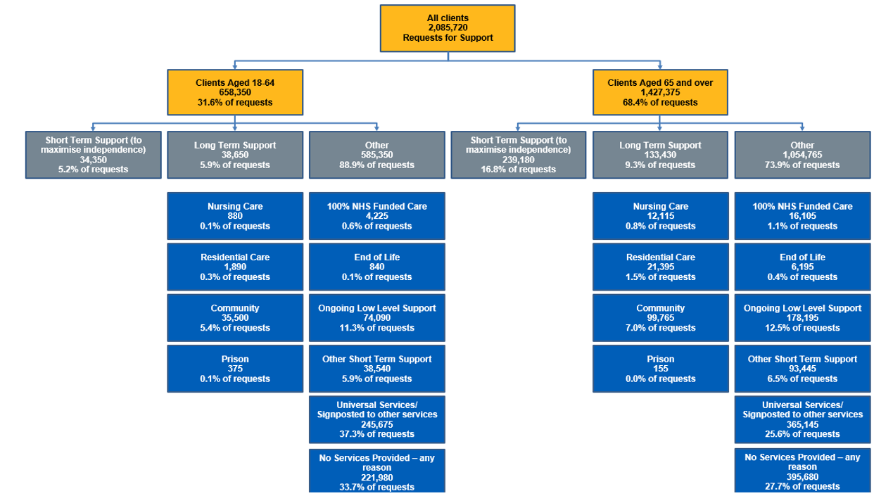 Flow chart showing the number of requests for support by age bang, and sequel to the request