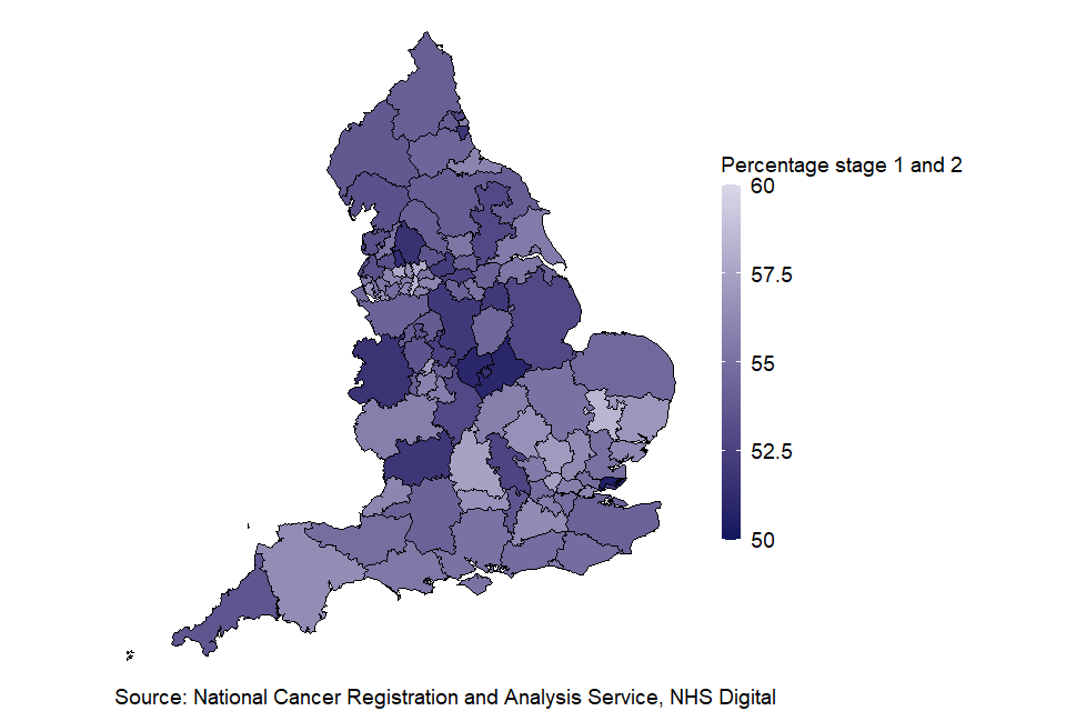 A map of the case-mix adjusted percentage of cancers diagnosed at stages 1 and 2 for all the CCGs in England. Values range from 50% to 60% with no geographic patterns.