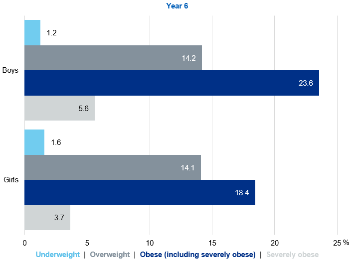 Bar chart showing prevalence of the BMI classifications for year 6 children by sex