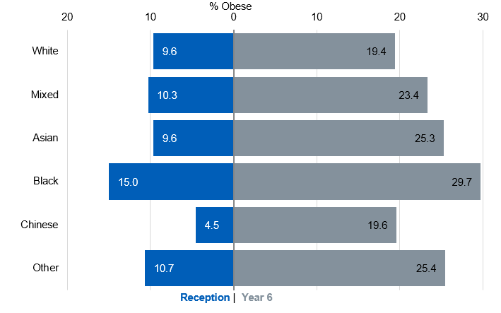 Reception and year 6 obesity prevalence by ethnicity