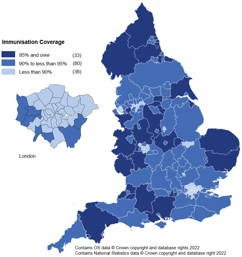 Map chart showing Upper tier local authority (LA) coverage at 12 months