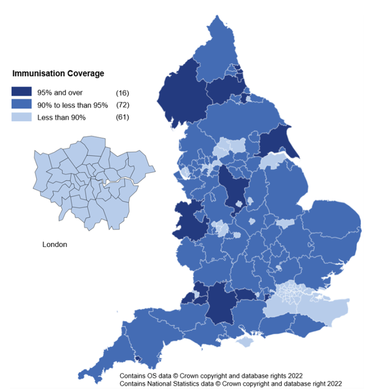 Map chart showing MMR1 vaccine – Local Authority coverage (24 months)