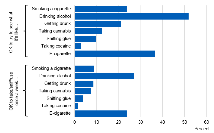 Chart showing attitudes to people of pupil's age smoking, drinking alcohol or taking drugs