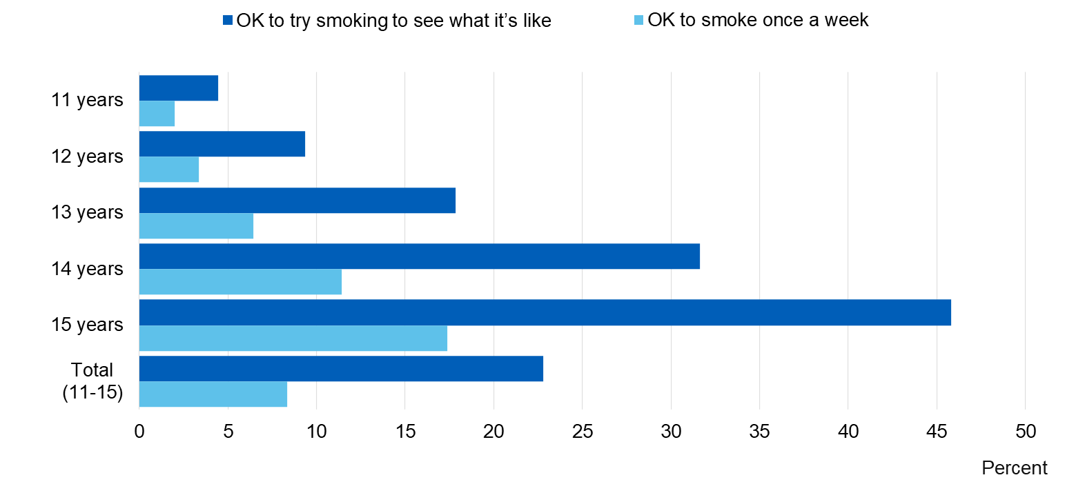 Image showing pupils’ attitudes towards smoking by people of their same age, by age
