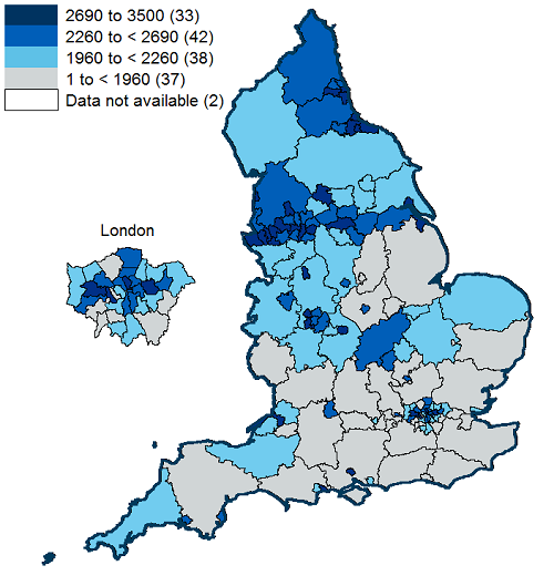 Map of England showing alcohol-related hospital admissions (broad measure) per 100,000 population