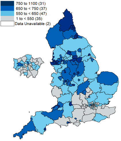 Map of England showing alcohol-related hospital admissions (narrow measure) per 100,000 population
