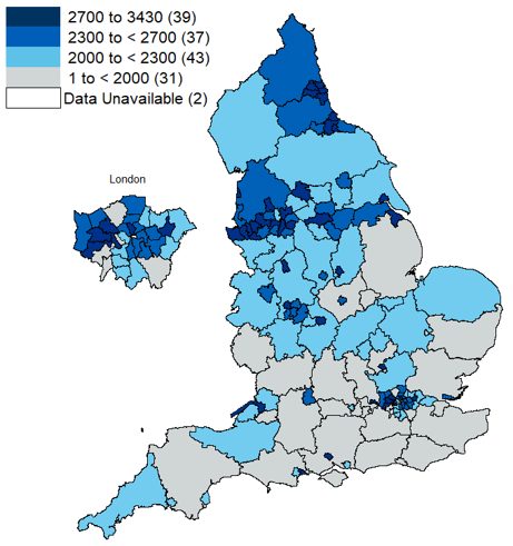 Map of England showing alcohol-related hospital admissions (broad measure) per 100,000 population
