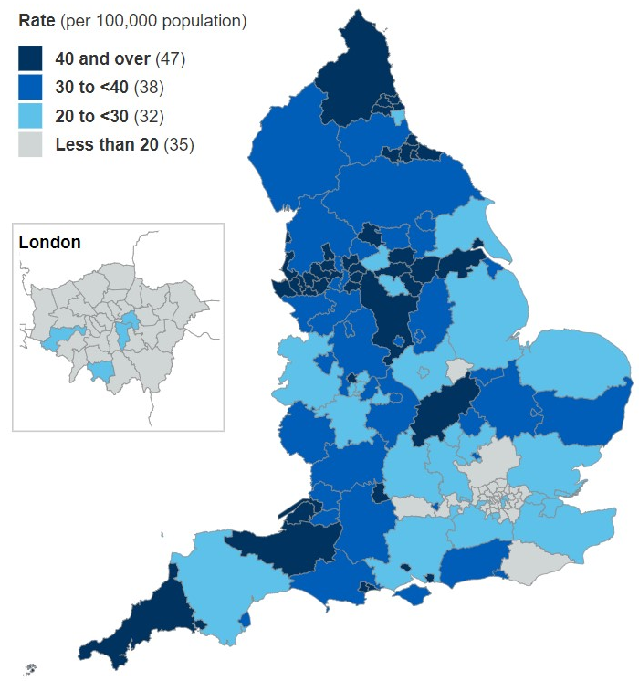 Map showing admission rates for poisoning by drug misuse, by Local Authority (per 100,000 population)