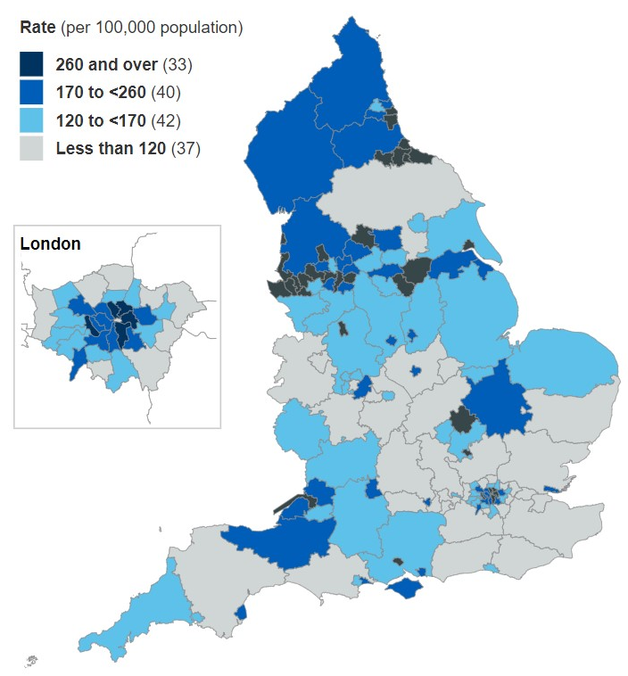 Map showing admission rates where drug related mental and behavioural disorders were a factor, by Local Authority (per 100,000 population)