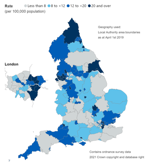 Map showing admission rates for drug-related mental and behavioural disorders, by Local Authority (per 100,000 population)