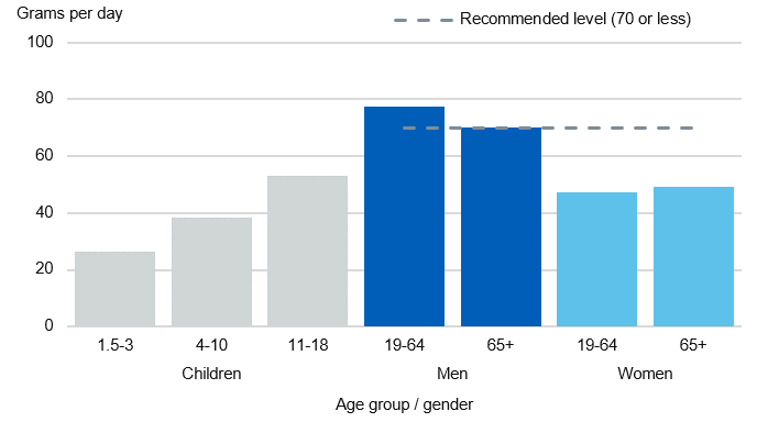 Chart showing red and processed meat intake by age group and gender