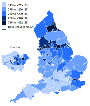 Map showing deaths estimated to be attributable to smoking by Local Authority - rate per 100,000 population