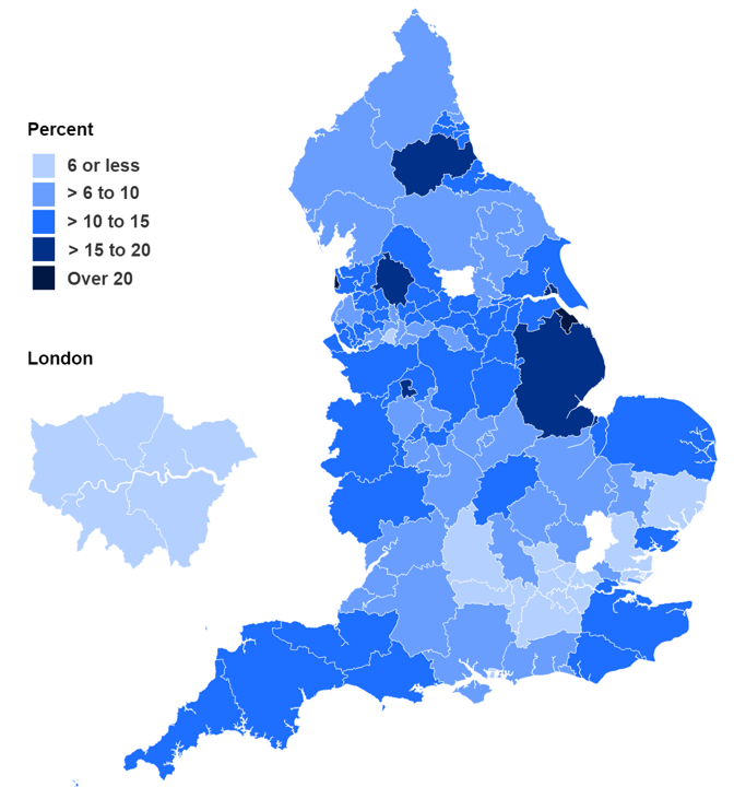Map showing percentage of women smoking at time of delivery in Q1 2021-22 by CCG