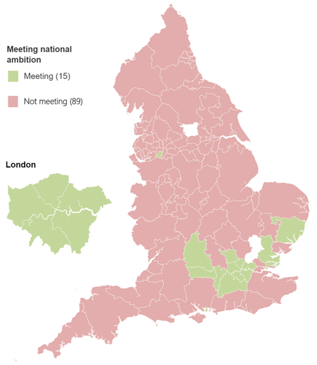 Map showing whether CCGs have met the national ambition of 6% in quarter 1 2021-22