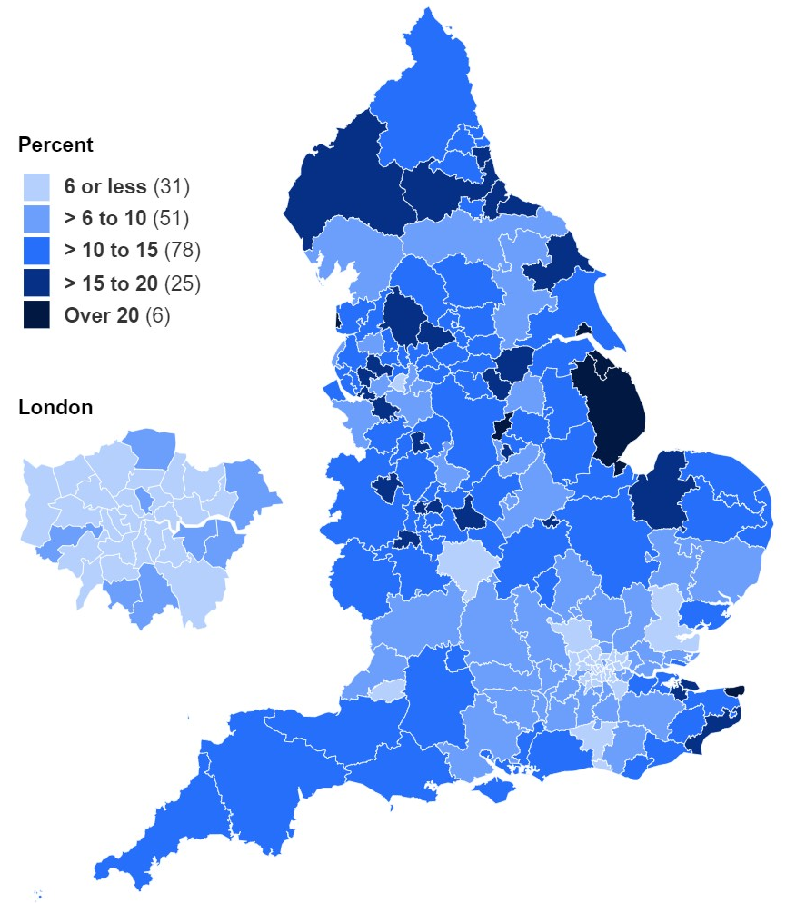 Map showing percentage of women smoking at time of delivery in Q2 2019/20 by CCG