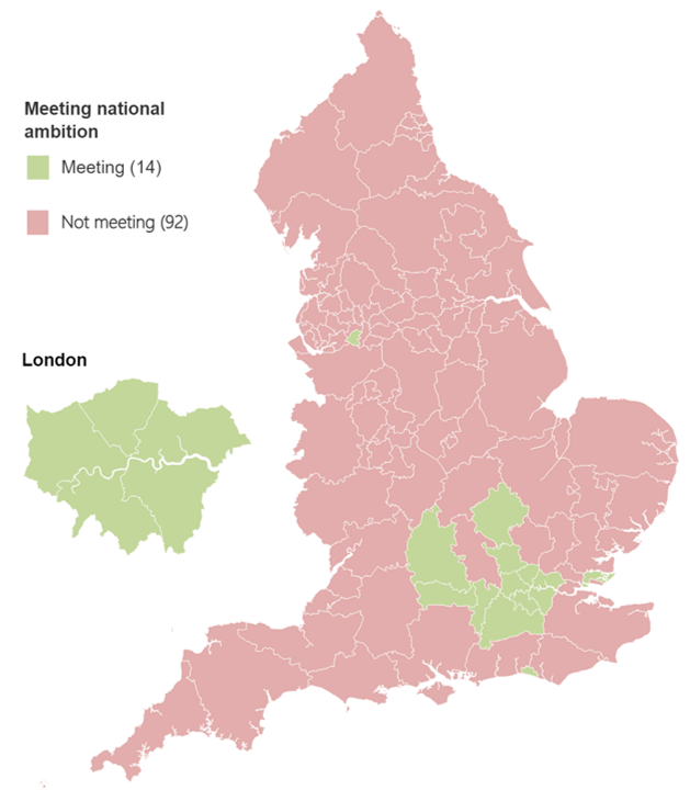 Map showing whether CCGs have met the national ambition of 6% in quarter 3 2021-22