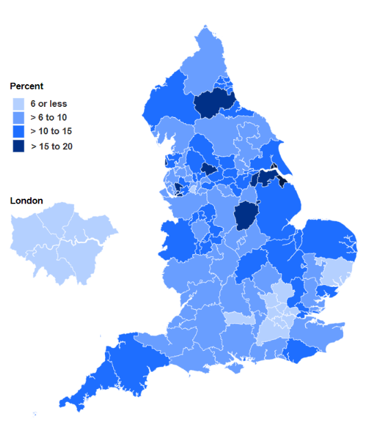 Map showing percentage of women smoking at time of delivery in Q4 2022-23 by Sub-ICB