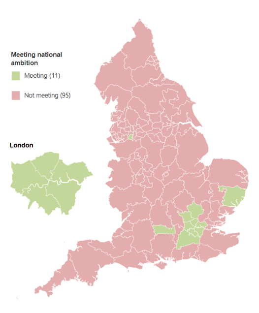 Map showing whether Sub-ICBs have met the national ambition of 6% in quarter 4 2022-23