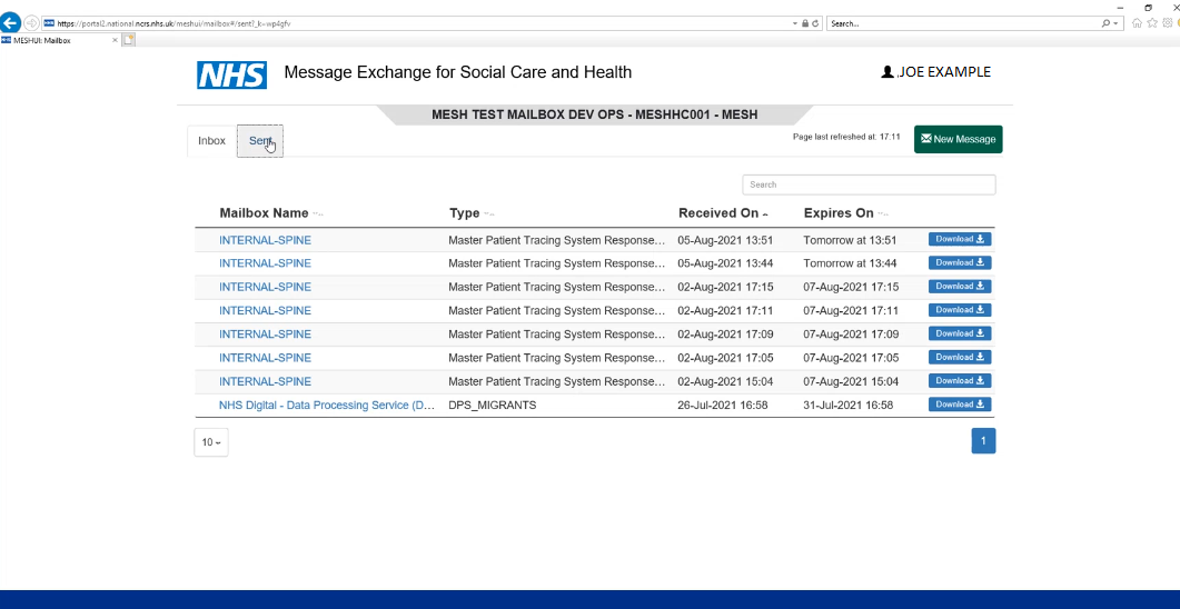 Screen shot of a MESH UI mailbox.