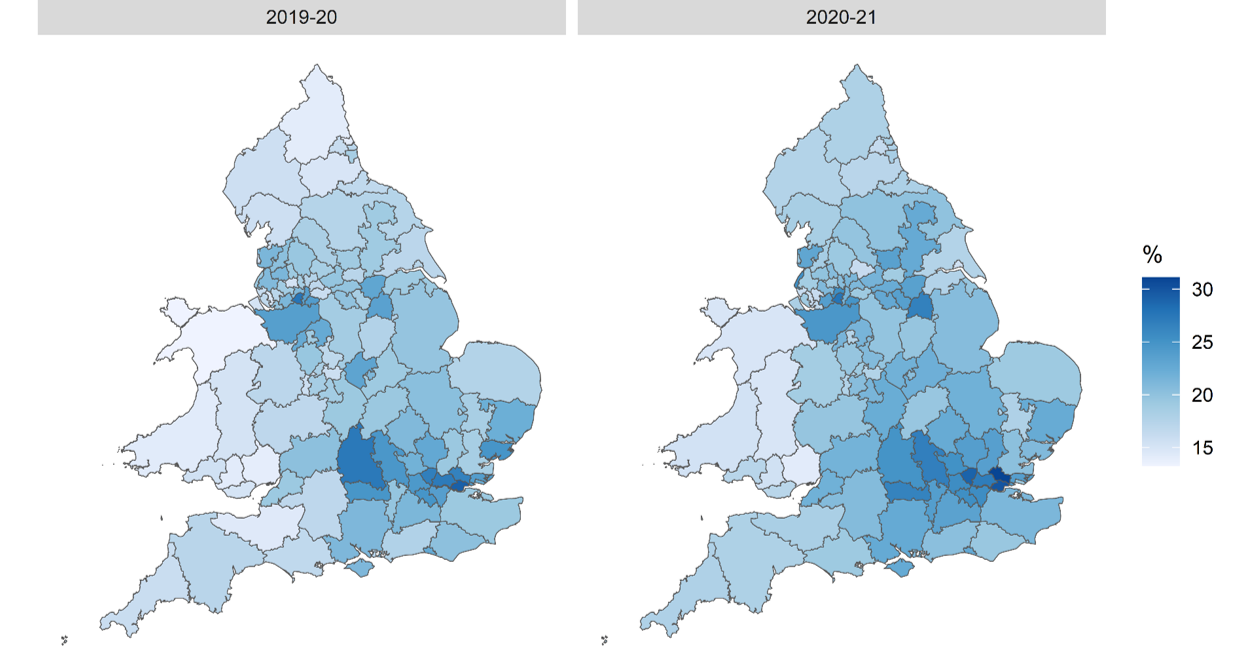 2 maps showing The range of CCG/LHB three treatment target achievement for people with type 1 diabetes, England and Wales, 2019-20 and 2020-21
