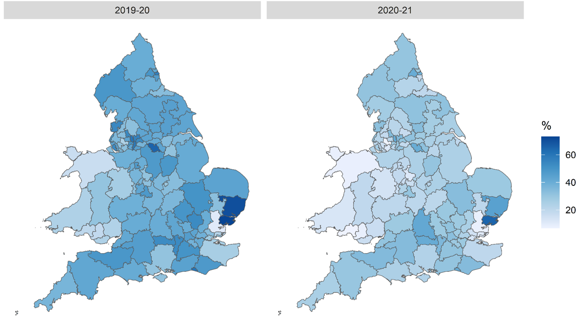 2 maps of England and Wales showing The range of CCG/LHB 8 care process completion1 for people with type 1 diabetes, England and Wales, 2019-20 and 2020-21