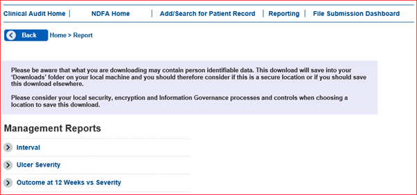Image of the management reports  Clinical Audit Platform screen
