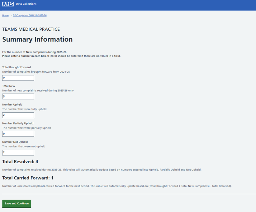 Complaints summary screen