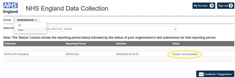 Screenshot of SDCS system showing NHS England Data Collection screen.