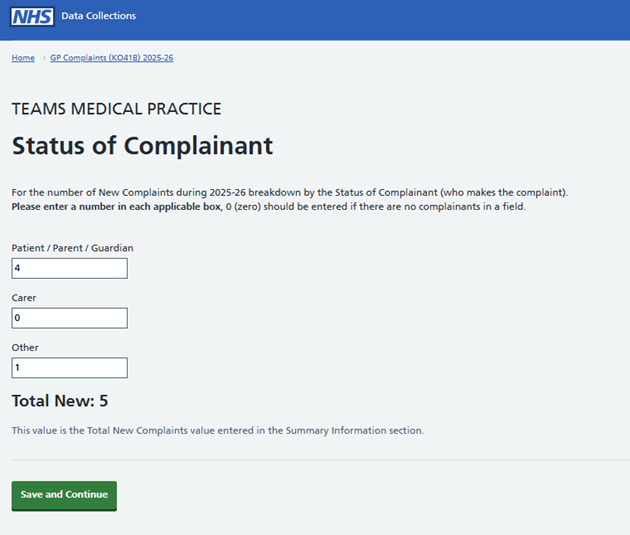Status of complainant screen