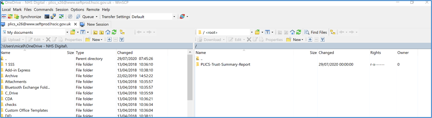 Image of users local drive with local drive on left hand pane and PLICS transfers folder on right hand side.