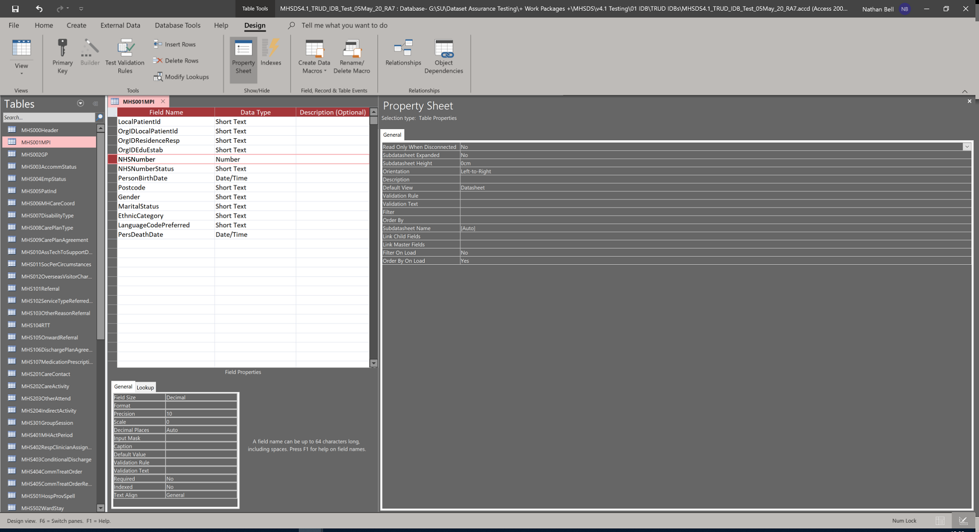 screen shot of MHMDS table with NHS number field name highlighted