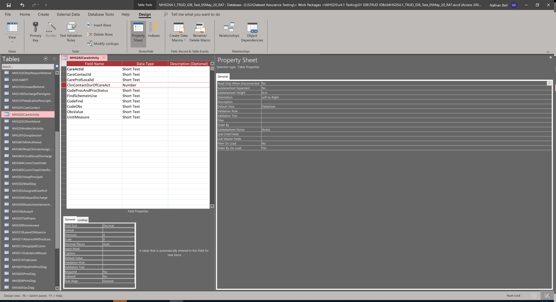 screen shot of MHMDS table with MHDS 2020 care activity and NHS number field name highlighted