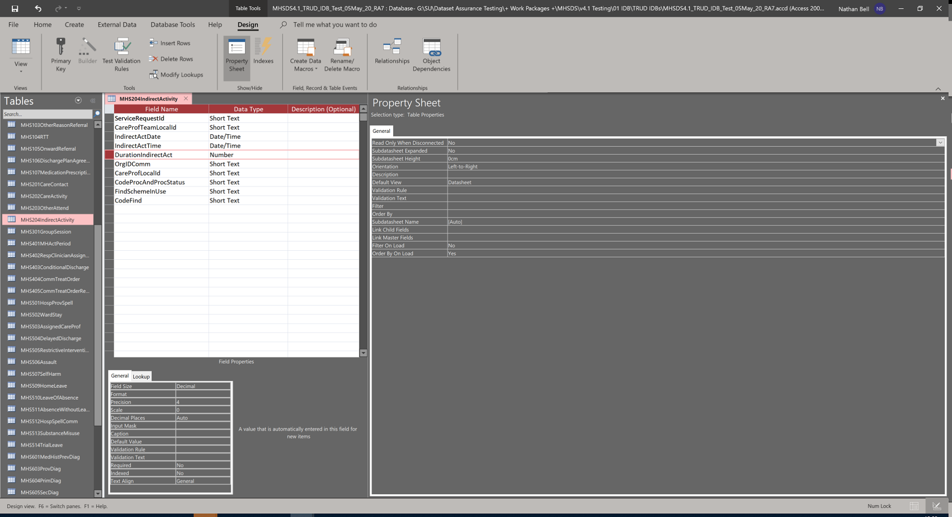 screen shot of MHMDS table with duration of indirect activity row highlighted
