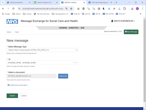 PDS MESH user interface - example of how to attach a file to a new message