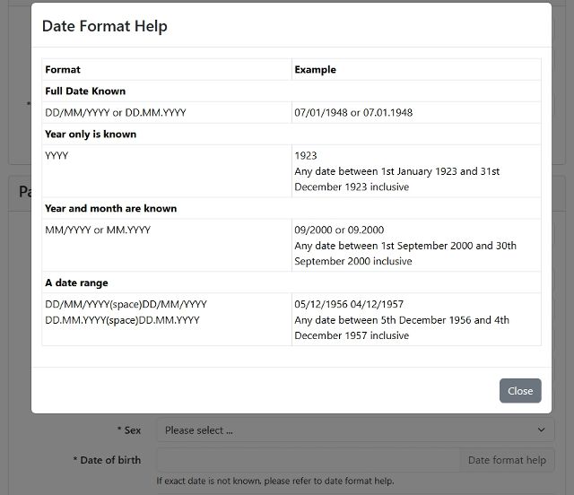 Example of date format help screen