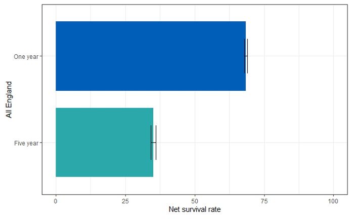 Image of graph of net survival rates of patients with ovary, fallopian tube and primary peritoneal carcinomas excluding borderlines at one and five years in England from 2013 to 2017