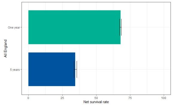 Screenshot of net survival rates of patients with ovary, fallopian tube and primary peritoneal carcinomas excluding borderlines at one and 5 years, England, 2013 to 2017 diagnoses (Source: CAS AV2017)