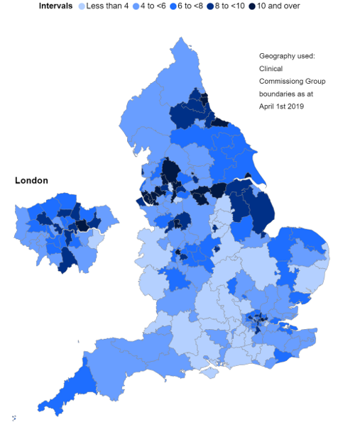 Prescription items for the treatment of obesity per 1,000 population, by Clinical Commissioning Group (CCG).