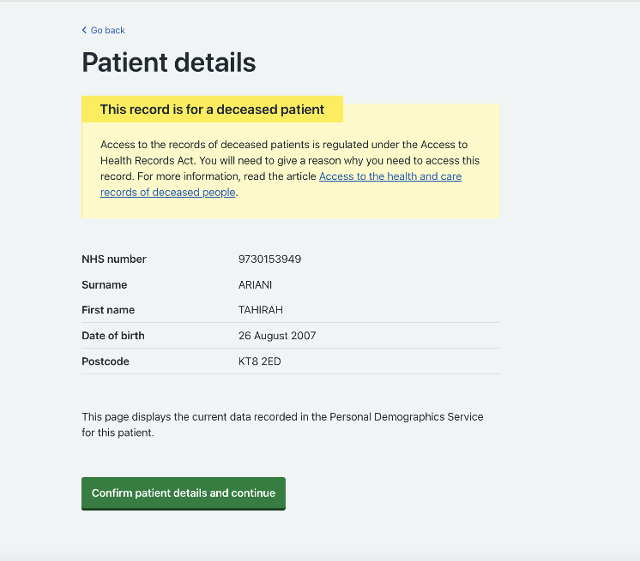 Patient details page showing the advisory text shown when requesting access to the record of a deceased patient