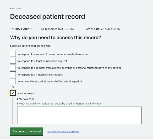 Page showing the multiple options you can select from when giving a reason why you need to access the record of a deceased patient