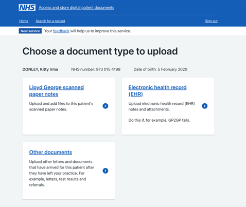 Screenshot of Choose a document type to upload page