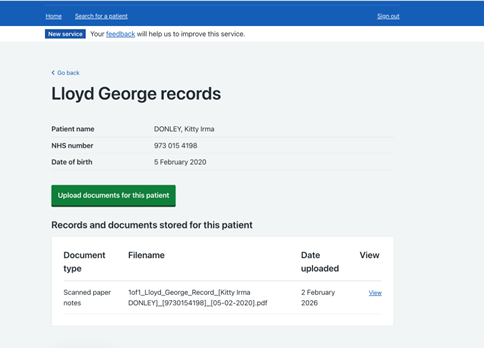 Screenshot of Lloyd George records page