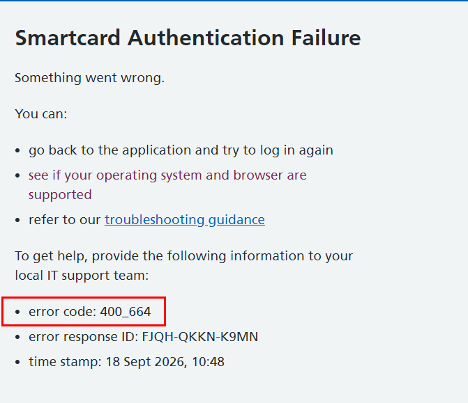 CIS2 Auth smartcard authentication failure error code 400_664