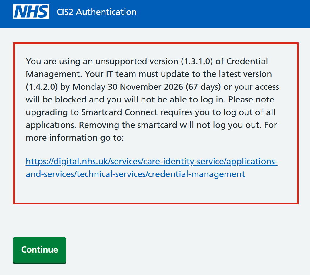 CIS2 Authentication unsupported Credential Management version