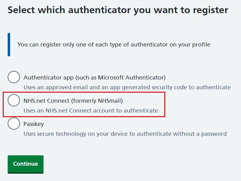 Self service add authenticator select authenticator type NHS dot net highlighted