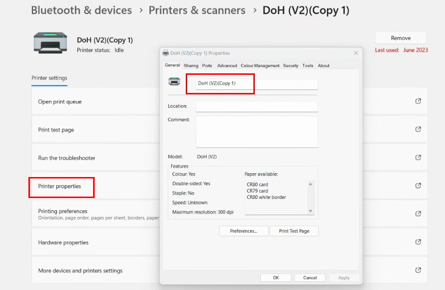 CIM printer error properties and name highlighted