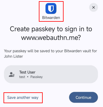 CIM register CIS2 Auth passkey Android app create passkey Bitwarden logo shown